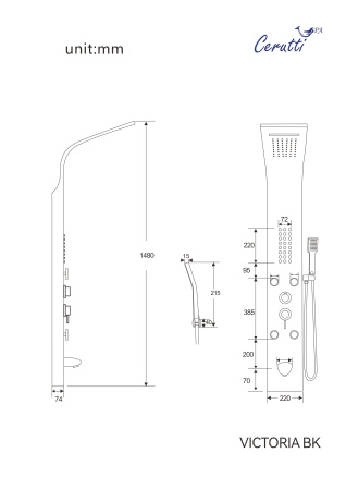 Панель VICTORIA BK  душевая из нержавеющей стали с форсунками Ceruttispa CT9981, цвет черный