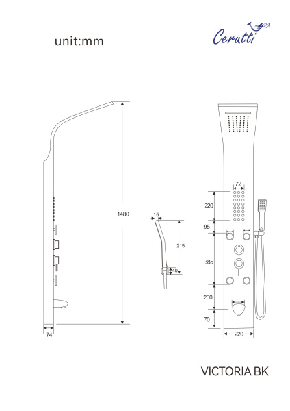 Панель VICTORIA BK  душевая из нержавеющей стали с форсунками Ceruttispa CT9981, цвет черный