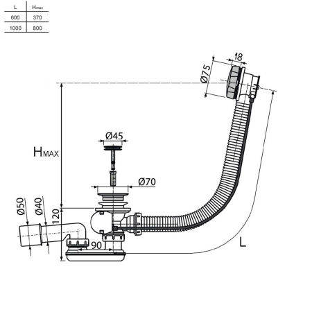 W90A-000-OflB слив-перелив для ванны, длина 600 мм, полуавтомат, черный