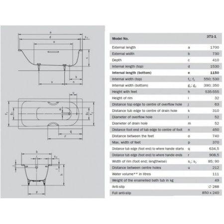 Стальная ванна Kaldewei SANIFORM PLUS 170x73 (371-1) с самоочищающимся покрытием