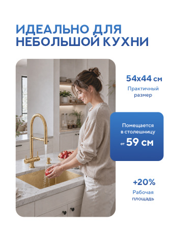Мойка для кухни из нержавеющей стали Amore di Mare Alveo Gold AL5444G-2, 540х440х220 мм: мойка, корзина, дозатор, сифон. Цвет: золото.
