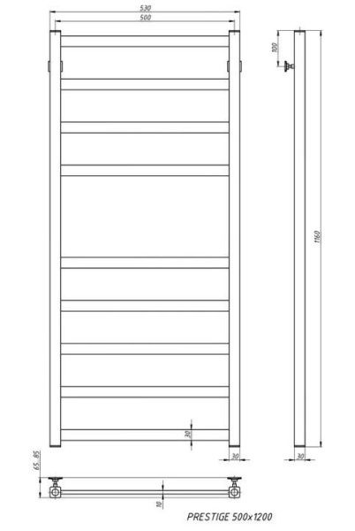 Полотенцесушитель водяной Stinox Prestige 500x1200, нижнее подключение, черный матовый, 1/2" ВР (внутренняя резьба), 9 перекладин