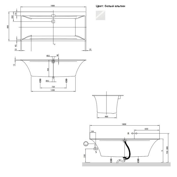 Ванна квариловая Villeroy&Boch Squaro Edge 12 180x80, с ножками, слив-перелив, белая, UBQ180SQE2DV-01