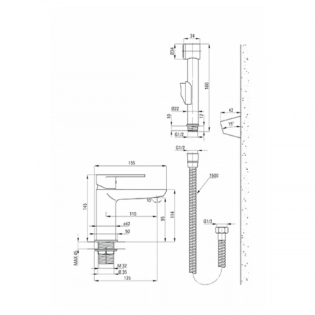 Смеситель для раковины с подключением гигиенической лейки Deante Alpinia BGA_027M хром