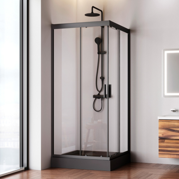 W90G-403-090BT Душевое ограждение AM.PM Gem Square Slide 90x90 стекло прозрачное, профиль черный матовый