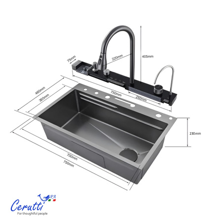Многофункциональная мойка GLORIA Pro nano black (серая) из нержавеющей стали, кухонная (750х460х230) Ceruttispa