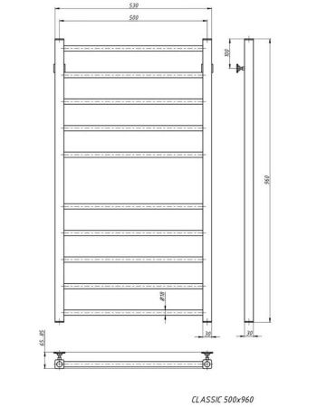 Полотенцесушитель водяной Stinox Classic 500x1000, нижнее подключение, белый матовый, 1/2" ВР (внутренняя резьба), 10 перекладин