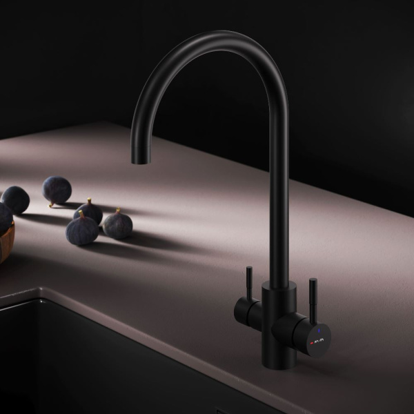 F85B07722 X-Joy S, Смеситель для кухни AM.PM с С-изливом с каналом для питьевой воды, черный