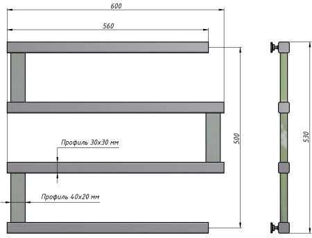 Полотенцесушитель водяной Stinox Optima 600x500, боковое подключение, черный матовый, 1/2" ВР (внутренняя резьба), 4 перекладины