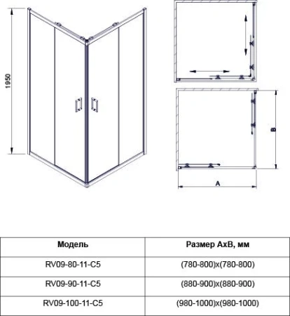 Душевой угол Veconi Rovigo RV-09, 1000x1000x1950, черный, стекло прозрачное, RV09-100-01-C7