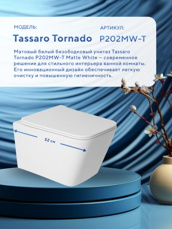 Унитаз подвесной безободковый Amore di Mare Tassaro Tornado P202MW-T Matte White, прямоугольный белый матовый, антивсплеск, фарфоровый, быстросъемное сиденье дюропласт с крышкой микролифт