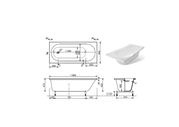 Ванна из литьевого мрамора Taliente Orta Matt OR18080Matt 180х80 пристенная прямоугольная