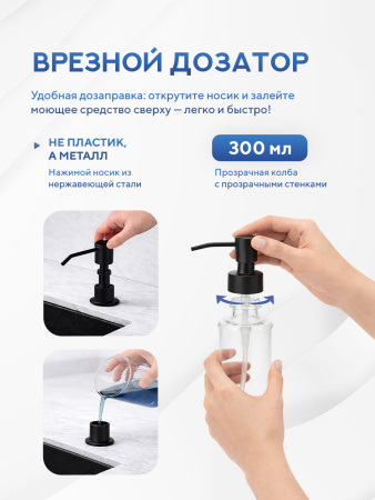 Мойка для кухни из нержавеющей стали Amore di Mare Alveo Black AL5444B-2, 540х440х220 мм: мойка, корзина, дозатор, сифон. Цвет: черный.