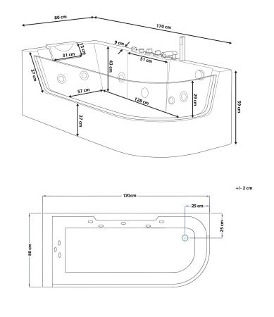 Ванна C-403A R акриловая гидромассажная Ceruttispa (1700x800x580)