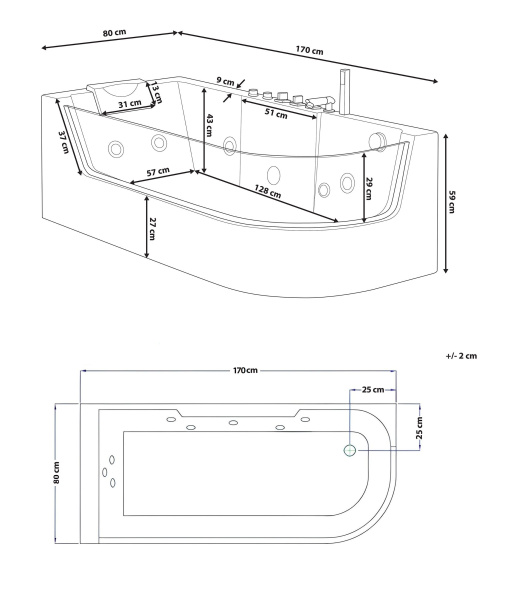 Ванна C-403A R акриловая гидромассажная Ceruttispa (1700x800x580)