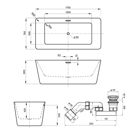 Акриловая ванна в наборе 4 в 1: отдельностоящая ванна, ножки, экран, слив-перелив Wellsee DeSire 231503003