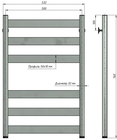 Полотенцесушитель водяной Stinox Napoli 500x800, нижнее подключение, черный матовый, 1/2" ВР (внутренняя резьба), 6 перекладин