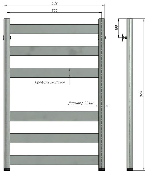 Полотенцесушитель водяной Stinox Napoli 500x800, нижнее подключение, хром, 1/2" ВР (внутренняя резьба), 6 перекладин