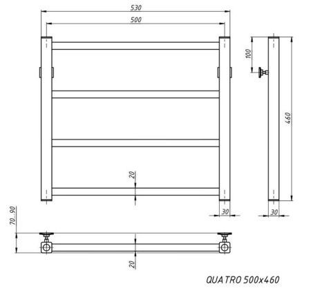 Полотенцесушитель водяной Stinox Quatro 500x500, нижнее подключение, черный матовый, 1/2" ВР (внутренняя резьба), 4 перекладины