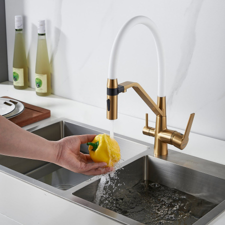 Смеситель для кухни с гибким изливом и подключением фильтра Shevanik S278G, золотой сатин
