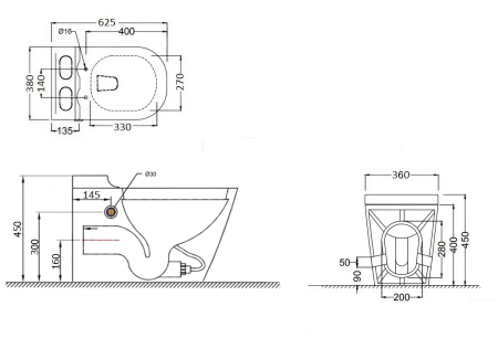 Унитаз NAUTILUS Pulse приставной с функцией импульсного смыва, безободковый Ceruttispa CT10200 (625х380х400)