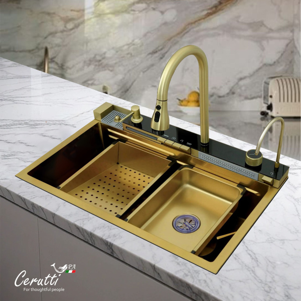 Многофункциональная мойка GLORIA Nano Gold (золото) из нержавеющей стали, кухонная (750х460х230) Ceruttispa