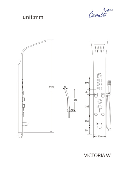 Панель VICTORIA W душевая из нержавеющей стали с форсунками Ceruttispa CT9979, цвет белый