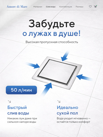 Трап для душа Amore di Mare Picco SD-15, 150х150 мм, оборачиваемый под плитку, хром