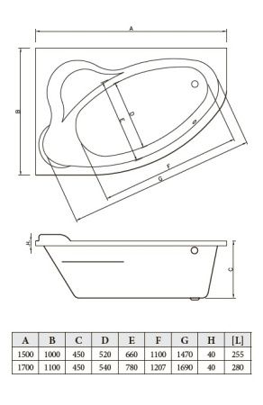 Ванна акриловая Bonito Home Rosa правая 170х110 с ножками, BH-RA-101-170P/St