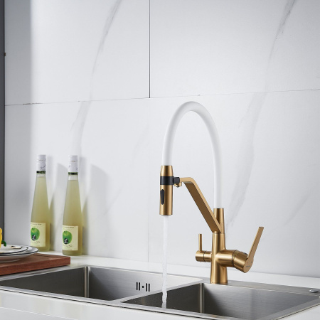Смеситель для кухни с гибким изливом и подключением фильтра Shevanik S278G, золотой сатин