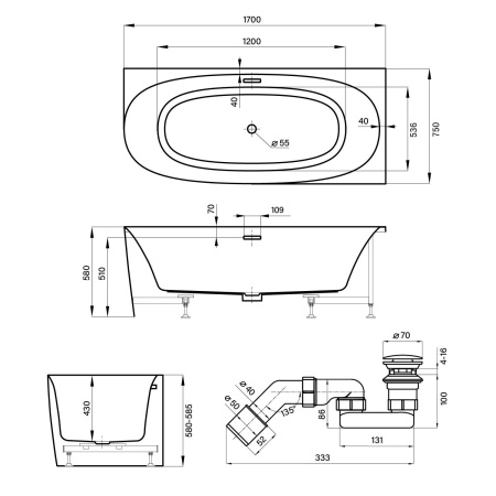 Акриловая ванна в наборе 4 в 1: пристенная ванна (правый разворот), каркас, экран, слив-перелив Wellsee Belle Spa 2.0 235806002