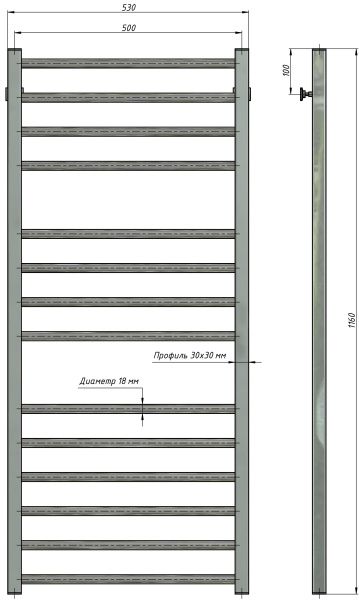 Полотенцесушитель водяной Stinox Classic Luxe 500x1200, нижнее подключение, хром, 1/2" ВР (внутренняя резьба), 14 перекладин