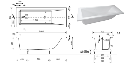 Ванна из литьевого мрамора Taliente Egoista EG2318070-1 180х70 пристенная прямоугольная