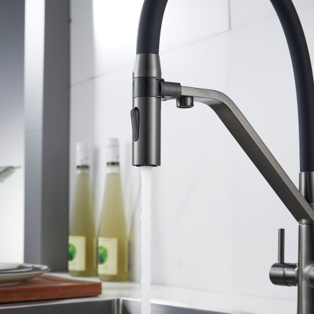 Смеситель для кухни с гибким изливом и подключением фильтра Shevanik S278T, оружейная сталь