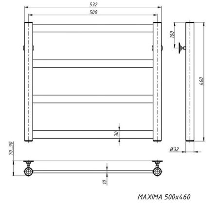 Полотенцесушитель водяной Stinox Maxima 500x500, нижнее подключение, хром, 1/2" ВР (внутренняя резьба), 4 перекладины