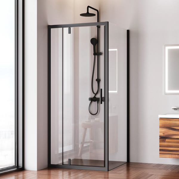 W90G-404-9090-BT Gem Душевое ограждение AM.PM квадрат, распашн дверь 90x90 мат черный, стекло прозрачное