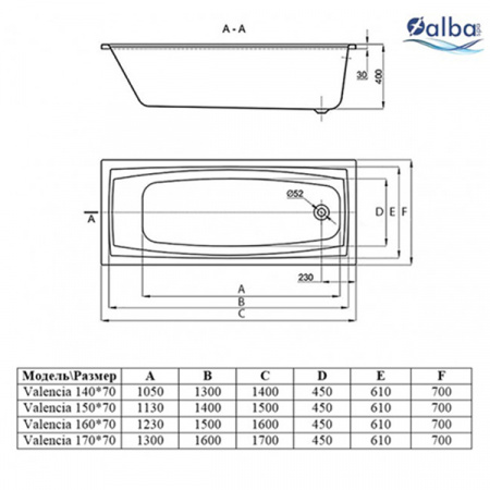 Акриловая ванна Alba Spa Valencia 160х70