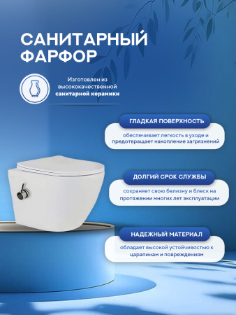 Унитаз подвесной безободковый Amore di Mare Delio Tornado Bidet P203-XT с функцией биде, овальный белый, антивсплеск, фарфор, быстросъемное сиденье дюропласт с микролифт, антибактериальное покрытие