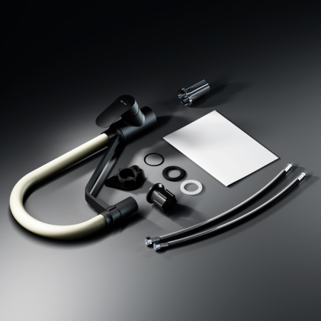 F8007826 Like, Смеситель для кухни AM.PM с каналом для питьевой воды и гибким изливом, черн., бежевый излив