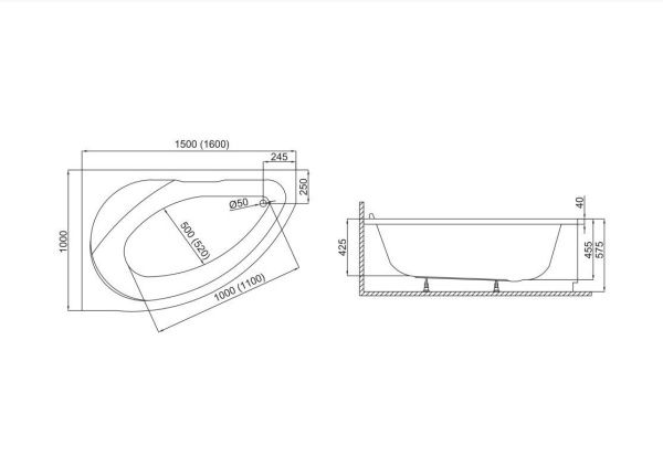 Ванна акриловая Polimat MAREA 150x100 L с ножками