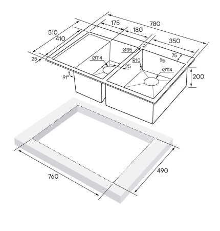 Мойка Paulmark KRONER 78/2SF PM227851-BSR 510х780х200 мм, нержавеющая сталь, нержавеющая сталь