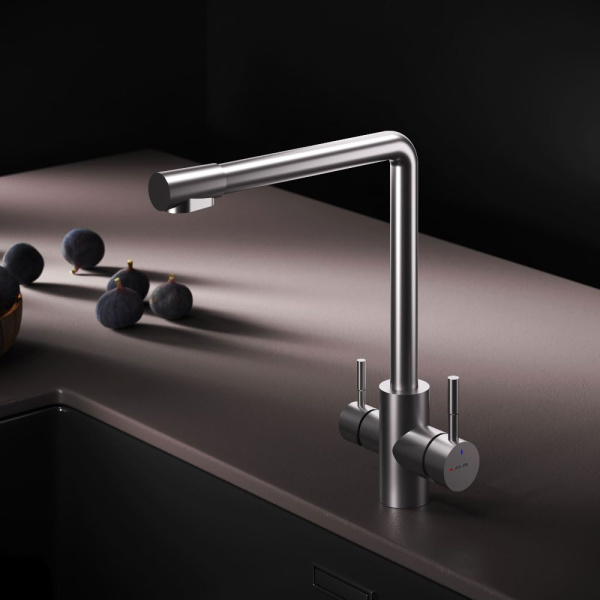 F85B05711 X-Joy S, Смеситель для кухни AM.PM с L-изливом с каналом для питьевой воды, сатин