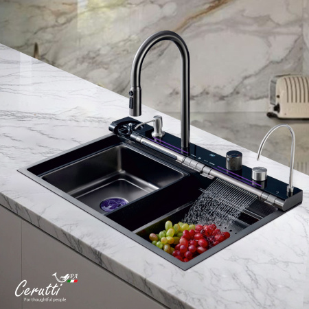 Многофункциональная мойка GLORIA Pro nano black (серая) из нержавеющей стали, кухонная (750х460х230) Ceruttispa