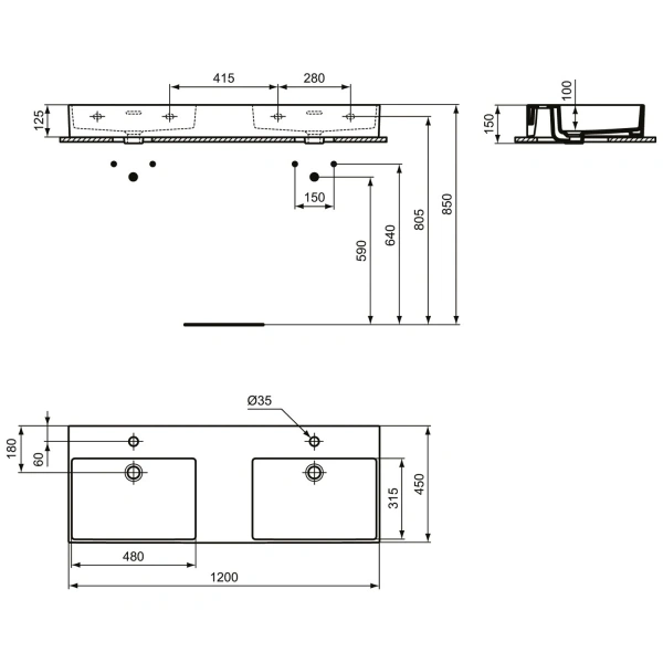 Умывальник Ideal Standard Extra T373101 120 см, двойной