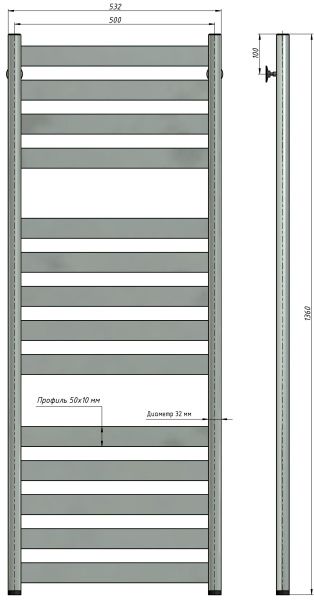 Полотенцесушитель водяной Stinox Napoli Luxe 500x1400, нижнее подключение, хром, 1" НР (наружная резьба), 14 перекладин