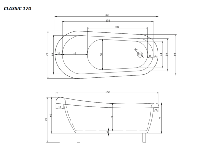 Акриловая ванна Cerutti SPACLASSIC 170  отдельностоящая  170x79x75 на львиных алюминиевых лапах хром