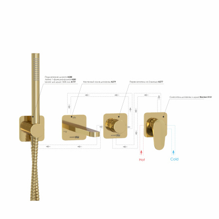 Встраиваемый комплект для ванны WasserKRAFT с лейкой и изливом A2151.277.279.280.197.281