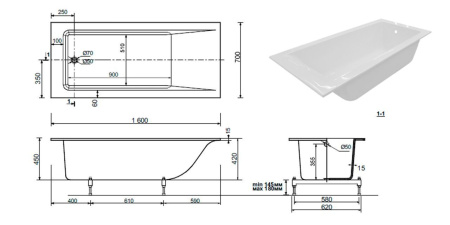 Ванна из литьевого мрамора Taliente Egoista Stretto EG2316070-1Stretto 160х70 пристенная прямоугольная тонкий борт
