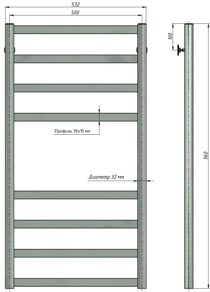 Полотенцесушитель водяной Stinox Maxima 500x1000, нижнее подключение, черный матовый, 1/2" ВР (внутренняя резьба), 8 перекладин