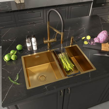 Смеситель Reflexion Lago RX9901GD для кухни с гибким изливом и подключением к фильтру, брашированное золото